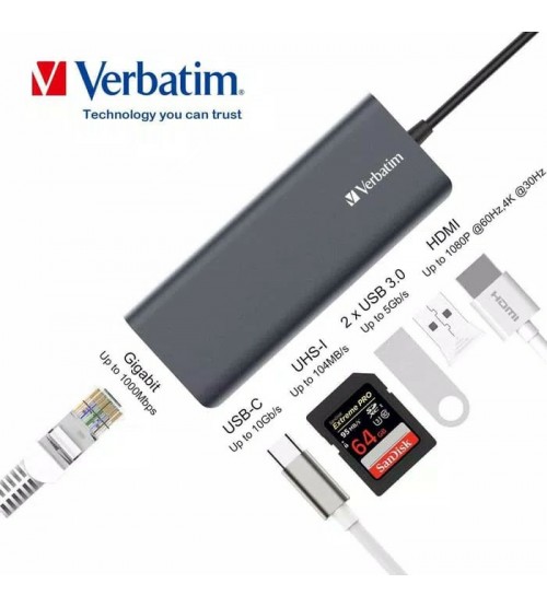 Verbatim USB Type C Hub with Gigabit Ethernet /HDMI 4K /USB 3.0/ SD Card Slot